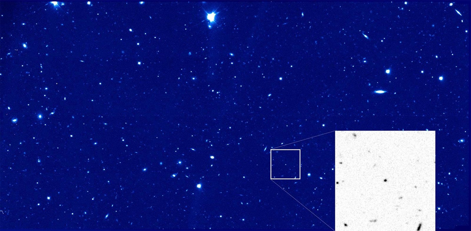 A Subaru Telescope Hyper Suprime-Cam image showing comet 28P/Neujmin as a faint point of light among thousands of background stars and galaxies, with an enlarged inset highlighting the comet's location.