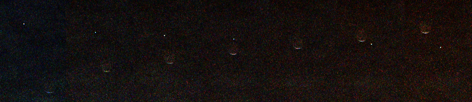 Composite of seven images showing a tiny bright dot representing Earth passing behind the dark crescent shape of the Martian moon Phobos against a black background.