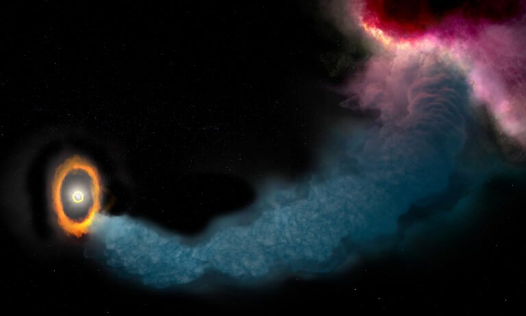 Artist's representation of a gas streamer feeding the GW Orionis protoplanetary disk and misaligning its dust rings