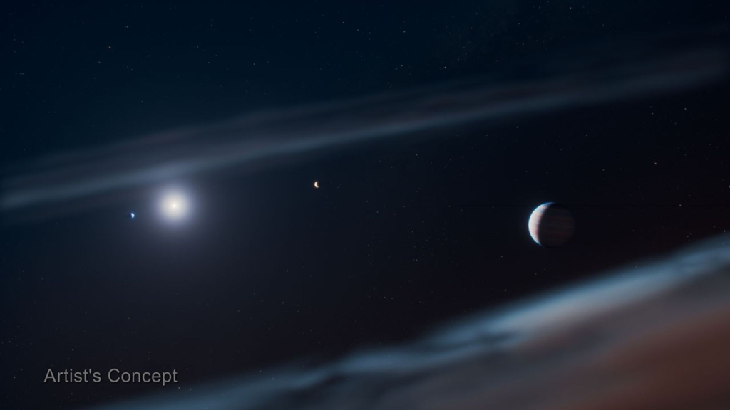 This artist’s concept shows the Beta Pictoris system with the discovered giant exoplanet Beta Pictoris d at the right. It has the widest orbit of the known three exoplanets within the system.
Illustration: NASA, ESA, CSA, STScI, Ralf Crawford (STScI)