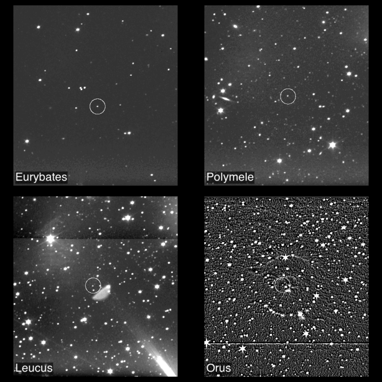 Four-panel collage of Lucy spacecraft images showing Trojan asteroids against starfields