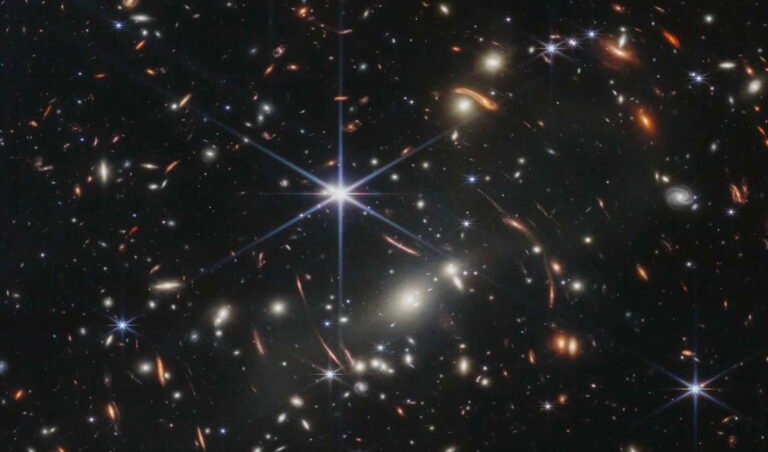 JWST NIRCam image of galaxy cluster MACS J0308.9+2645 containing gravitational arc candidate A1