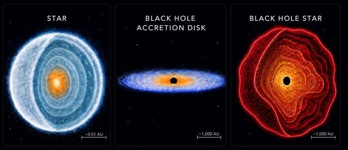 Illustration comparing a star, a black hole, and a black hole star — a black hole enshrouded in dense gas that radiates like a star