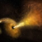 Artist's concept of a tidal disruption event, showing a shredded star's debris swirling around a supermassive black hole with a jet launching into space