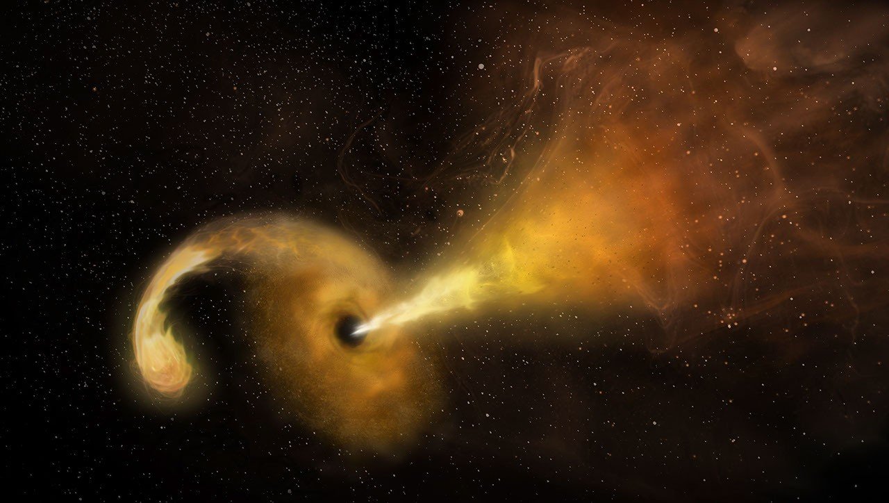 Artist's concept of a tidal disruption event, showing a shredded star's debris swirling around a supermassive black hole with a jet launching into space
