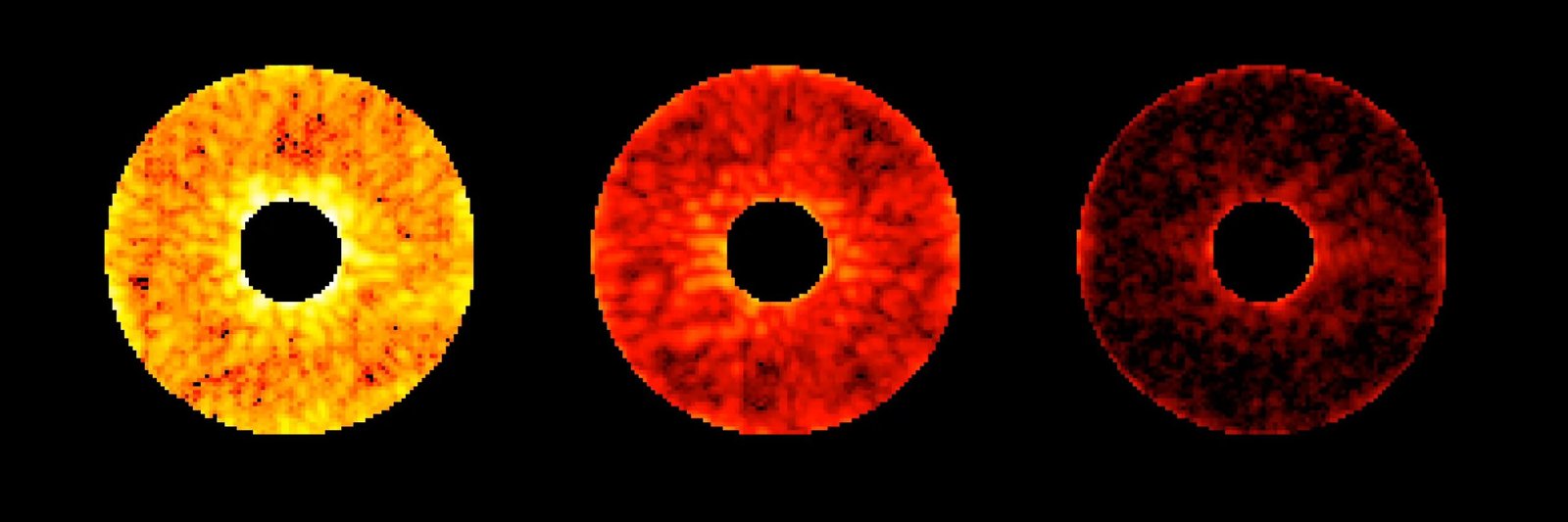 Three side-by-side data readouts from the Roman Coronagraph Instrument showing progressively more starlight suppressed around a simulated star