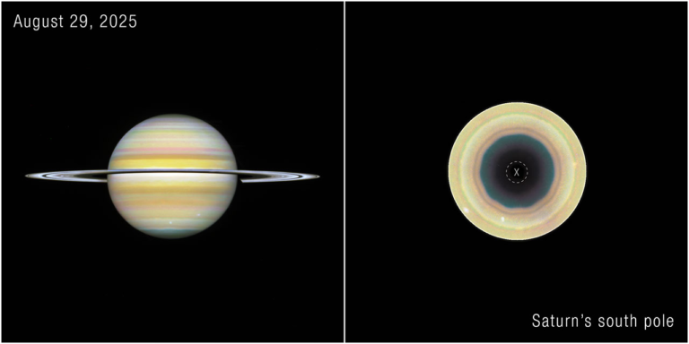 Side-by-side Hubble images of Saturn showing the full planet and a close-up of its south pole with a ten-sided decagon pattern in the clouds.